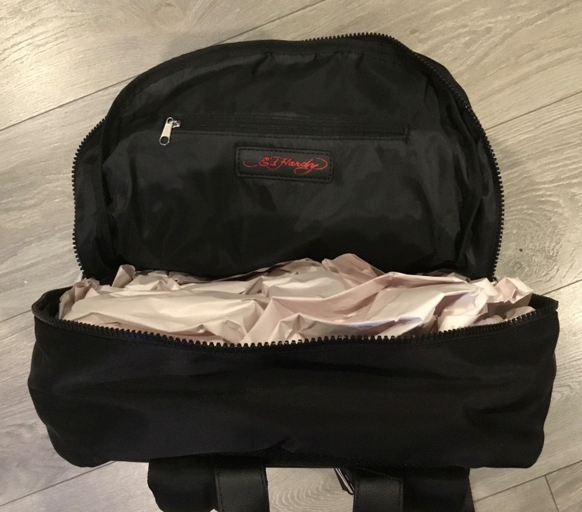 ED HARDY Backpack, Full Size, Patches, Checkered, 18”x13”x6”, New