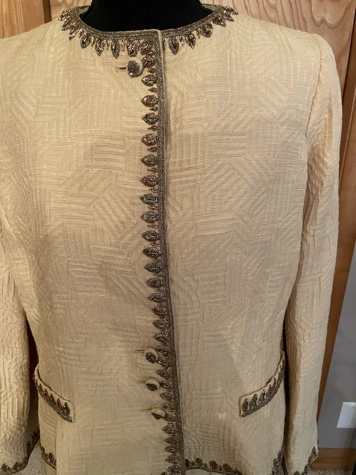 Traje Falda Oscar de La Renta 14 Vintage Dorado Metálico Bordado Amarillo Forrado Foto 4 de 4