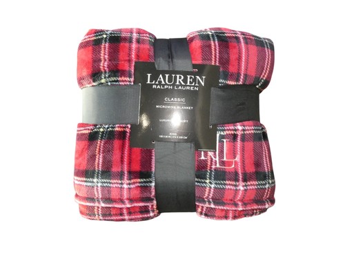 Ralph Lauren Micromink Blanket King Red Holiday Plaid RL Logo Bedding NWT