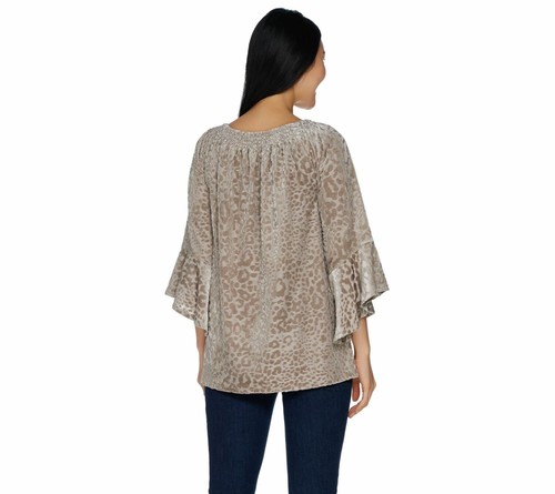 Belle by Kim Gravel Velvet Animal Print Blouse Womens L Champagne Ruffle Sleeve - Picture 2 of 19