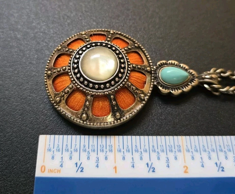 Lucky Brand Brass Plate Mother Of Pearl & Faux Turquoise Pendant Necklace - Image 4 of 4