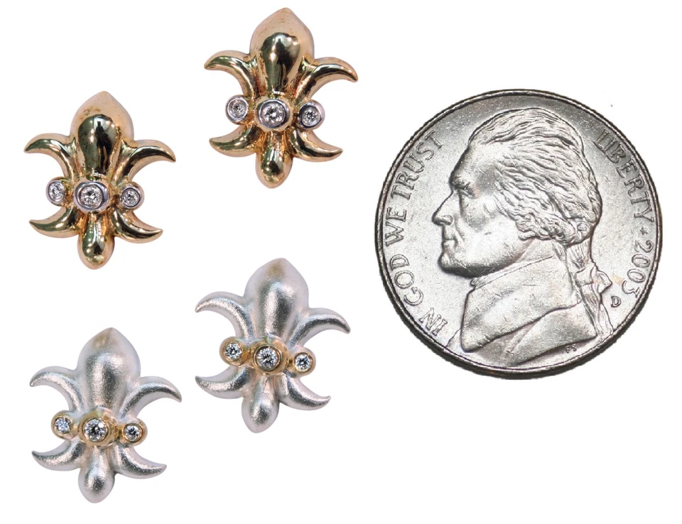 NEW: Fleur de Lis Stud Earrings-Diamonds-18K Gold or Sterling Silver-Power-Lucky - Image 2 of 4