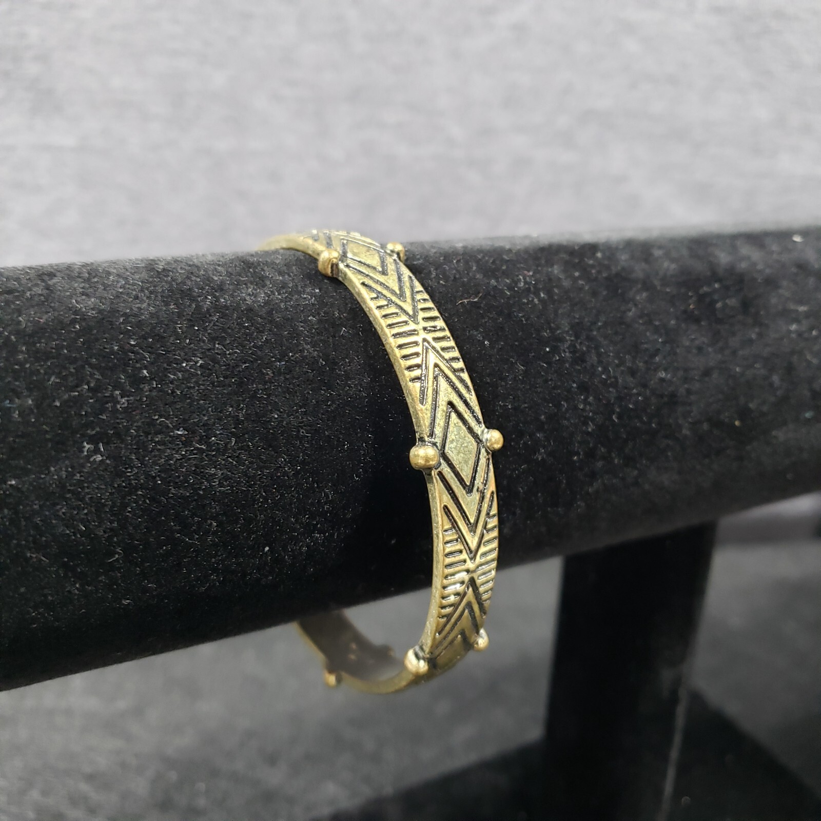 Bangle Bracelet Brass Tone Engraved Oval Bohemian Modernist Estate 2.5