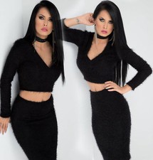 Mexton 2-Teiler Cropped Pullover + Pencilrock Strick Set flauschig Zottel  XS-M