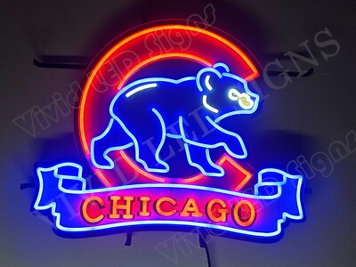 Chicago Cubs Bear World Series 24''x20'' Vivid LED Neon Light Sign With Dimmer