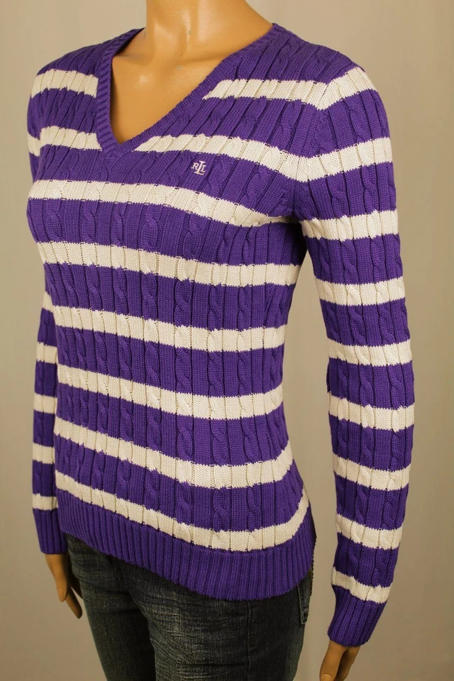 Suéter Ralph Lauren Púrpura Crema Tejido con Cable Cuello en V LRL NUEVO CON ETIQUETAS Foto 2 de 2