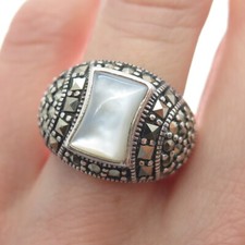 925 Sterling Silver Vintage Real Mother-of-Pearl  Marcasite Ring Size 6