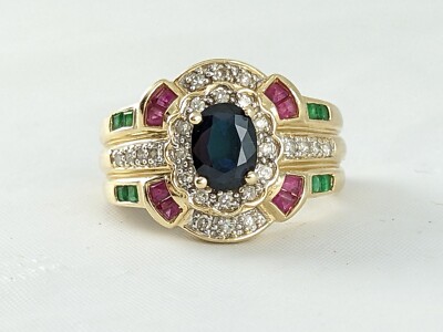 14K Solid Gold Oval Sapphire Halo Ring Diamond Ruby Emerald 4.7g Sz 6
