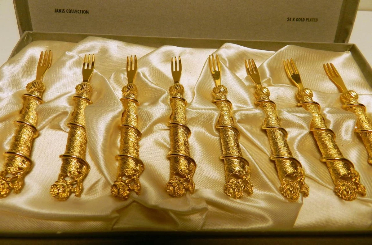 JANIS COLLECTION 24K GOLD PLATED SET of 8 FORKS ROSES NEW IN BOX