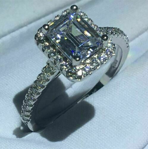 2.50Ct Emerald Simulated Diamond Ring in 14K White Gold Plated Silver