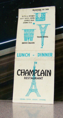Vintage Matchbook Cover Z4 New York City Champlain Restaurant Notre Dame Eiffel