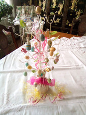 VTG EASTER EGG TREE PASTEL w WHITE HAND PAINTED ORNAMENTS EASTER DECOR CUTE 