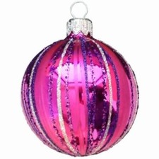 8cm PINK FUCHSIA FANCY STRIPES EUROPEAN BLOWN GLASS BALL CHRISTMAS TREE ORNAMENT