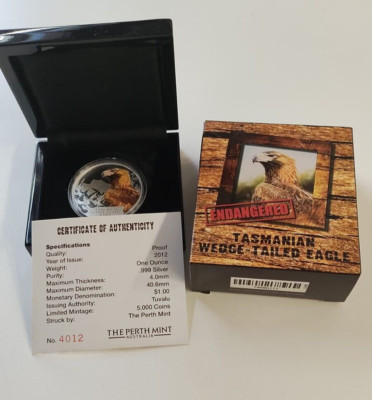 1 $ Dollar Extinct - Tasmanian Wedge Tailed Eagle | Tuvalu 1 oz Silber PP 2012