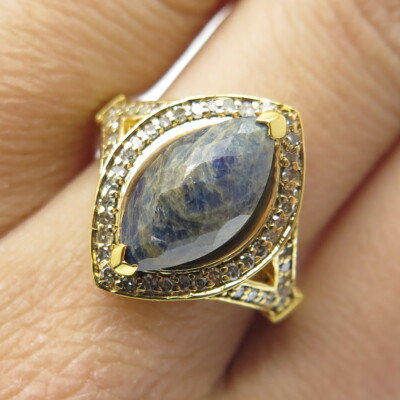 925 Sterling Silber vergoldet echter Diamant & Bild Saphir Edelstein Ringgröße 8