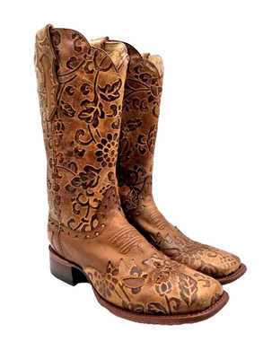 Sonora Jana Tooled Leather Cowboy Festival Pull On Boots SIZE 9.5B FLAWS