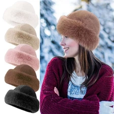 Women Faux Fur Mongolian Hats Cap Brimless Plush Fluffy Skiing Riding Warm NEW