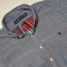 Polo Ralph Lauren Mens Short Sleeve Shirt XL Blue Chambray Plaid Lining