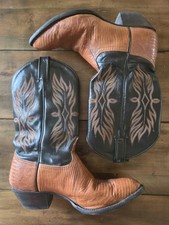 Vintage Tony Lama Brown Lizard Cowboy Boots Black Shaft Flame Stitch Size 8