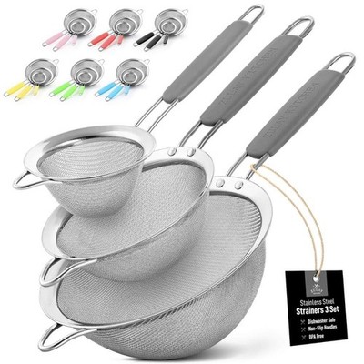 Premium Stainless Steel Fine Mesh Strainer Set of 3   Kitchen Sieves