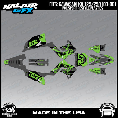 Graphics Kit for  KAWASAKI KX125 KX250 2003-08 Polisport Restyle Rail - GRN-Shft