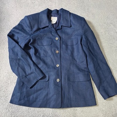 Talbots Womens 4P Irish Linen Safari Field Jacket Navy Blue Button Front Pocket