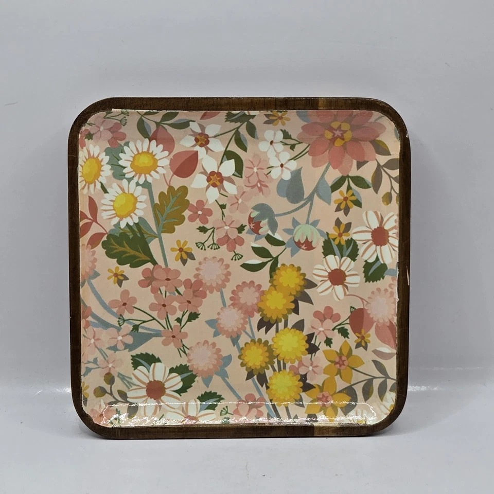 Creative Co-Op Yellow W White Acacia Flowers Decorative Enameled Wood Tray 6.25" - Image 2 of 4