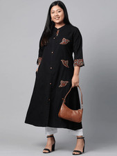Plus Size Women's White Floral Cotton A-Line Kurta Casual Ethnic Wear, Oversized