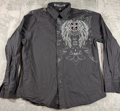 Victorious Black Winged Cross Button Shirt Men s L Affliction Style Rhinestone