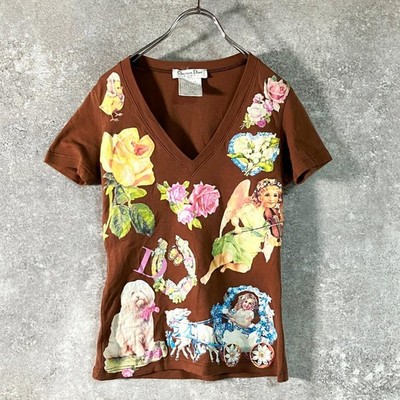 Christian Dior Flower Angel Dog Graphic Print T-Shirt V Neck SizeS Cotton 100%