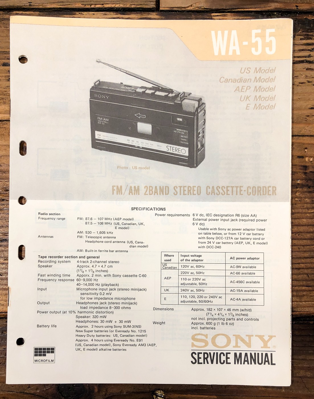 Sony WA-55 Cassette Service Manual *Original*