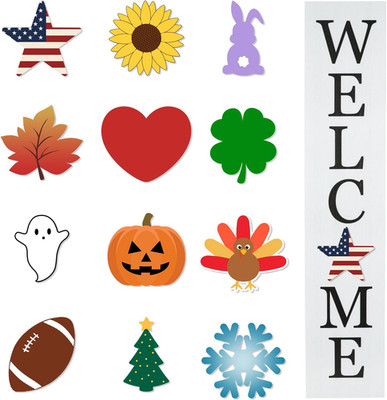 Interchangeable Wooden Porch Welcome Sign with 12 Interchangeable Icons 45''X9'' L
