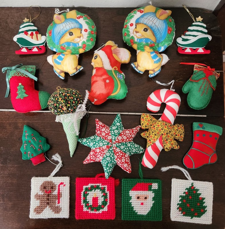 16 Vintage Hand Sewn, Felt, Needlepoint Christmas Ornaments, Magnet