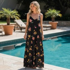 Old Navy Black Floral Polka Dot Maxi Dress Spaghetti Strap V Neck Size Large