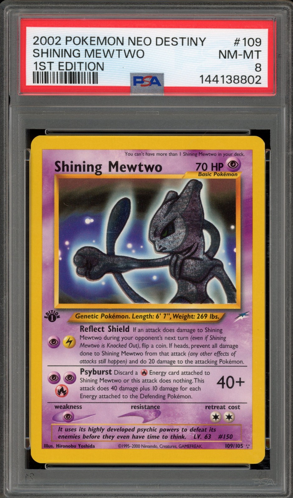 mewtwo first edition card value 2002 Neo Destiny Shining 1st holo Retreat Cost Mewtwo 1999 promo pokemon card