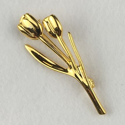 Brooch Shiny Gold Tone Floral Tulip Flower Bouquet Spring Treasure Mothers Day