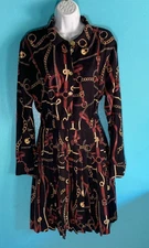 Alexia Admor Women Size M Black & Red Rope Chain Dress Pleated Skirt Long Sleeve