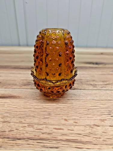 Vintage Fenton Amberina Orange Yellow Hobnail Fairy Lamp UV Reactive 4.5" Apprx