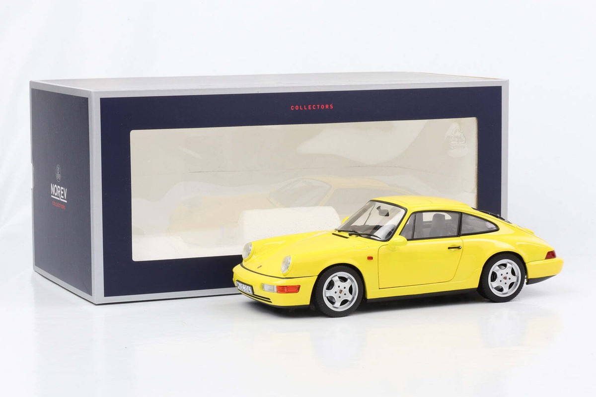 Maquette Porsche 911 (964) Carrera 2 Coupé Jaune 1990 - Échelle 1:18 Norev - Ouverture Complète