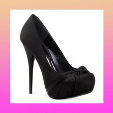PLEASER CLOSED TOE COURT PLATFORM HEELS SEXY GORGEOUS BLACK SATIN BOW UK SIZE 2