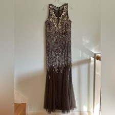 Adrianna Papell Taupe Brown Embellished Sequins Beaded Tulle Gown Sz 14 Flaw