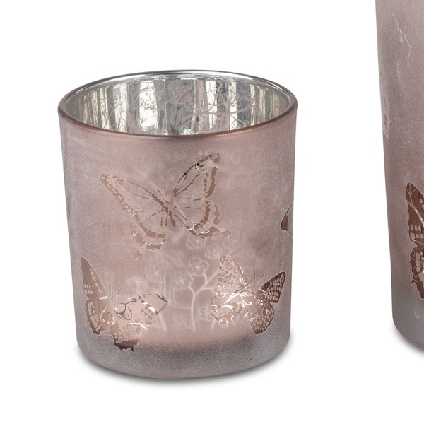 Teelichthalter, Windlicht Schmetterlinge H. 8Cm Rosa Silber Aus Glas Formano F25-image