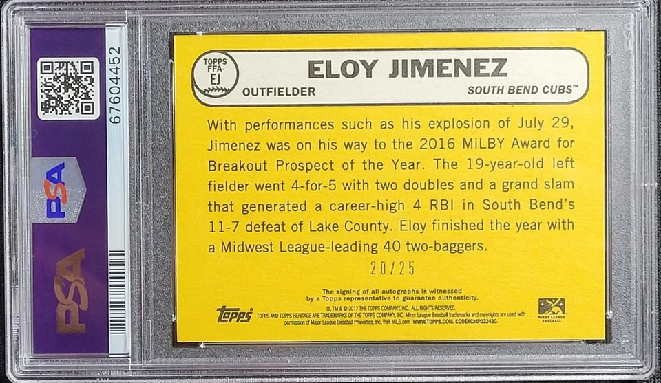 2017 Topps Heritage #/25 GRAY SSP Real One Eloy Jimenez Auto RC PSA 10 GEM POP 5 - Imagem 3 de 4