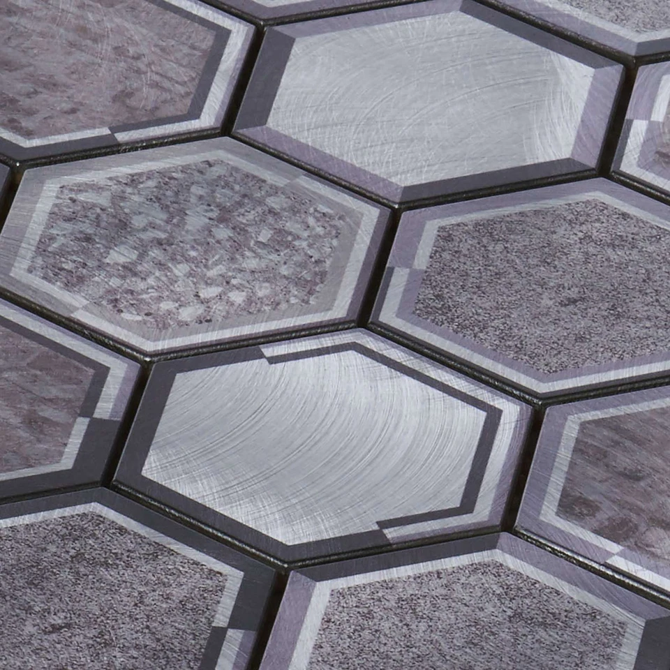 Salpicadero de cocina de azulejo hexagonal de mosaico de 2,5" de metal metálico antiguo de aluminio gris Foto 4 de 4