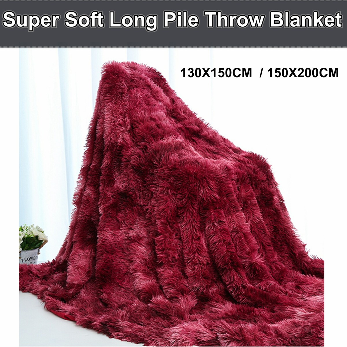 Soft Warm Wine Red Long Pile Blanket Reversible Faux Fur Throw Rug