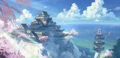 Anime asian architecture art fantasy sky clouds CCG Gaming Mat Desk