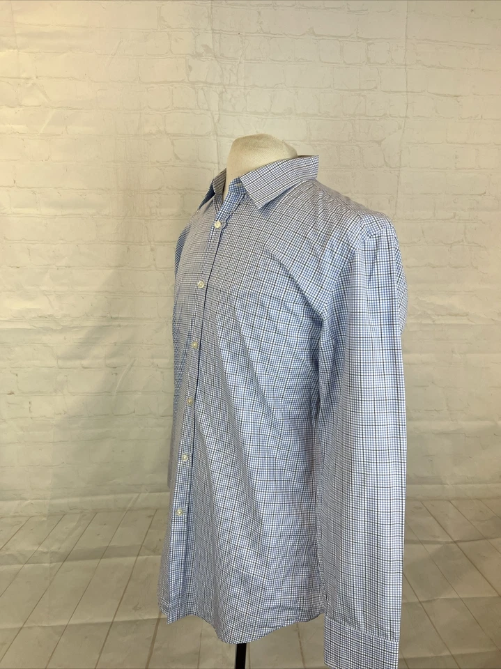 Camisa de vestir de algodón a cuadros blanca y azul Hugo Boss SLIM FIT 16 - 32/33 $178 para hombre Foto 3 de 4