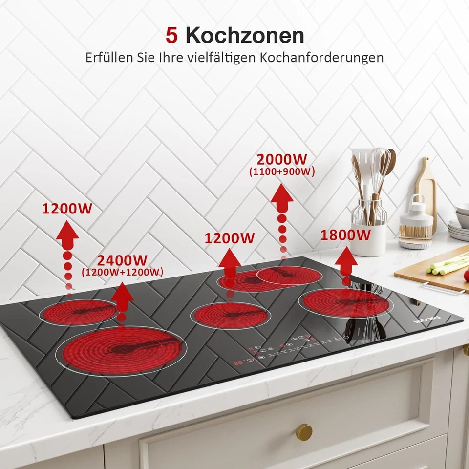 Glaskeramik-Kochfeld 77 cm breit 5 Zonen rahmenlos Touch Control Timer 8600W