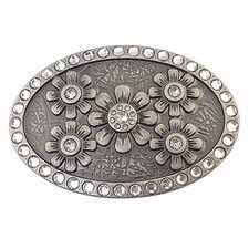 On Sale: Oval Rhinestone Flower Belt Buckle with Clear Stone.