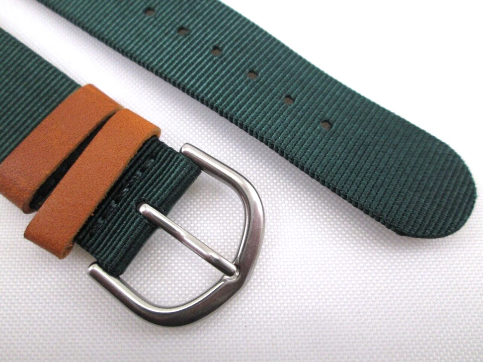 Подлинный ремешок для часов Timex Expedition 18 мм размер зажима зеленый нейлон и желтовато-коричневая кожа - Изображение 3 из 4